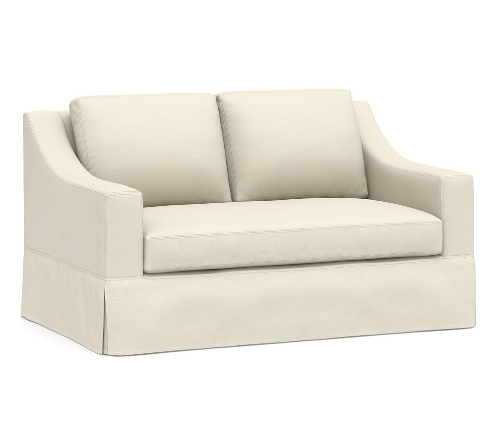 York Slope Arm Slipcovered Loveseat 60.5" with Bench Cushion, Down Blend Wrapped Cushions, Park Weave Ivory - Image 0