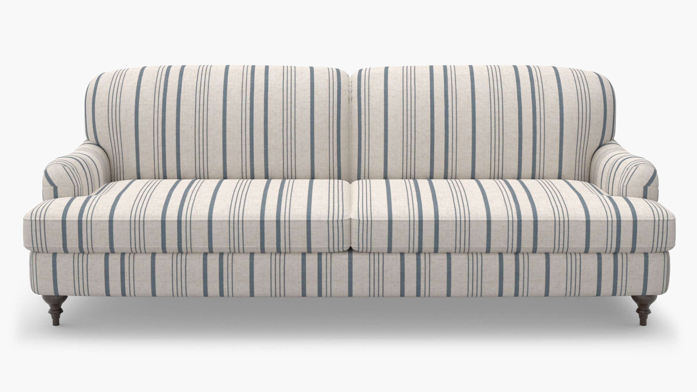 English Roll Arm Sofa, Blue Market Stripe, Espresso Turned Wood Leg - Image 0