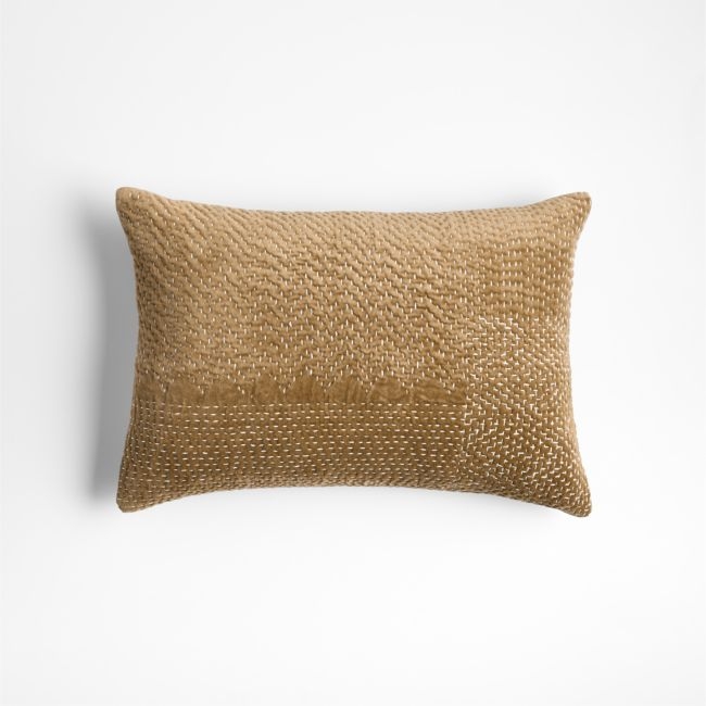 Sashiko Organic Cotton Velvet 22x15 Camel Tan Throw Pillow with Down-Alternative Insert - Image 0