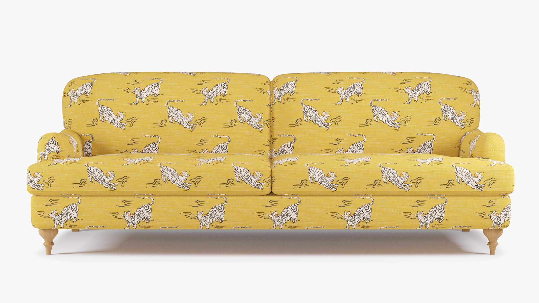 English Roll Arm Sofa, Dijon Tigresse, Natural Turned Wood Leg - Image 0