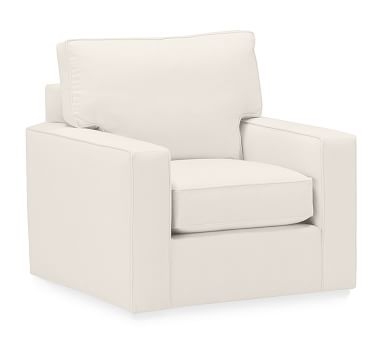 PB Comfort Square Arm Upholstered Swivel Armchair, Box Edge Down Blend Wrapped Cushions, Performance Heathered Basketweave Alabaster White - Image 1