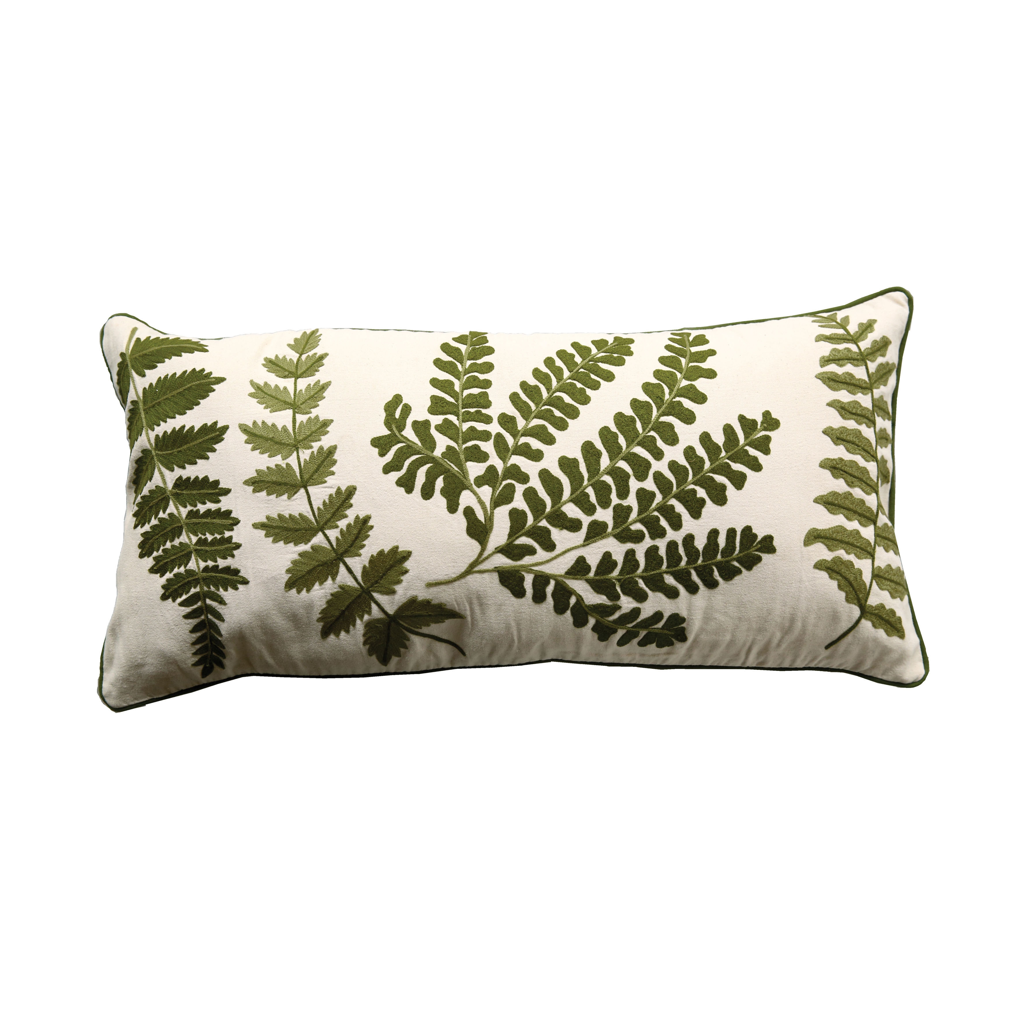 Cotton Lumbar Pillow with Fern Fronds Embroidery, Cream and Green - Image 0