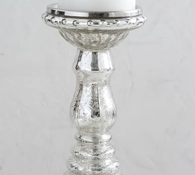 Antique Mercury Glass Candle Holders, Silver, Small Pillar - Image 1