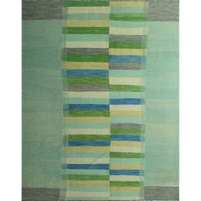 Ames Striped Handmade Kilim Wool Light Green Area Rug - Image 0