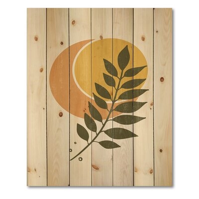 Abstract Geometrical Sun And Moon With Leaf V - Modern Print On Natural Pine Wood - Image 0