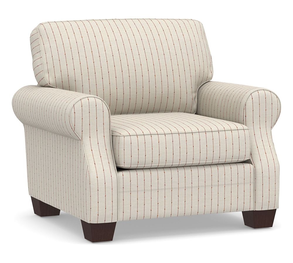 SoMa Fremont Roll Arm Upholstered Armchair, Polyester Wrapped Cushions, Slubby Pinstripe Red - Image 0