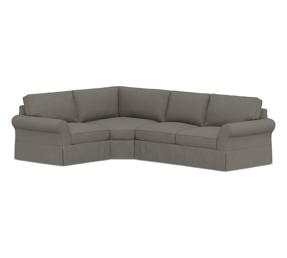 PB Comfort Roll Arm Slipcovered Right Arm 3-Piece Wedge Sectional, Box Edge, Down Blend Wrapped Cushions, Chunky Basketweave Metal - Image 0