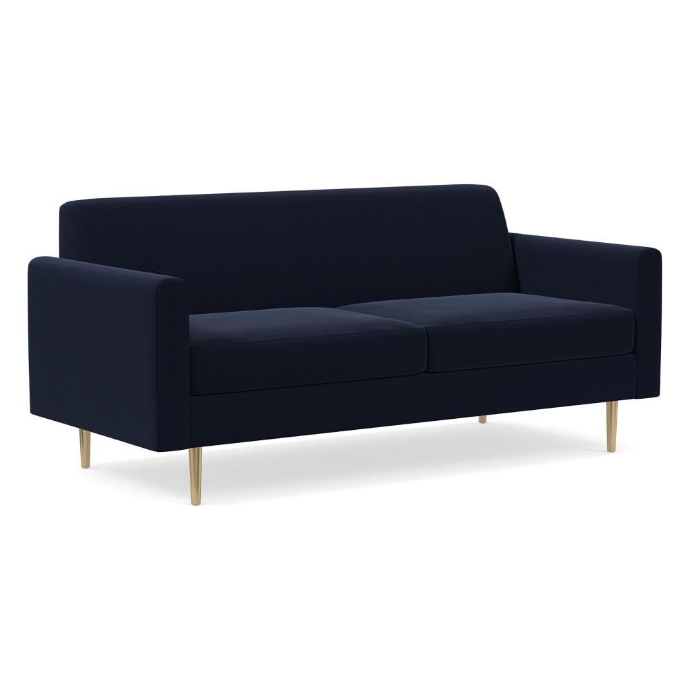 Olive 71" Mailbox Arm Standard Back Sofa, Distressed Velvet, Ink Blue, Brass - Image 0
