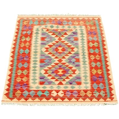 One-of-a-Kind Hand-Knotted New Age 3'1" x 4'10" Wool Area Rug in Cream/Red/Blue - Image 0