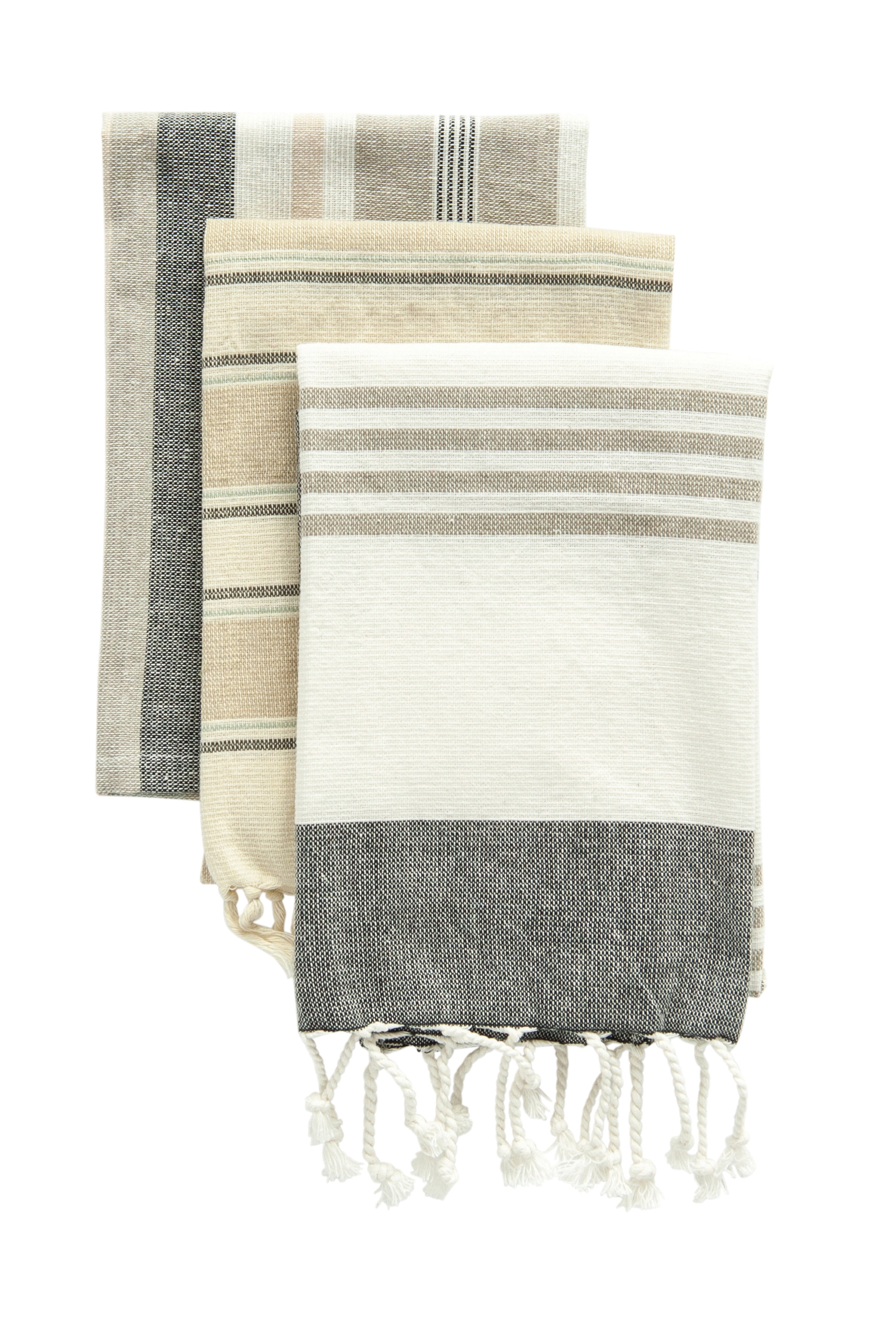 Grey & Tan Striped Cotton Tea Towels with Tassels (Set of 3) - Image 0