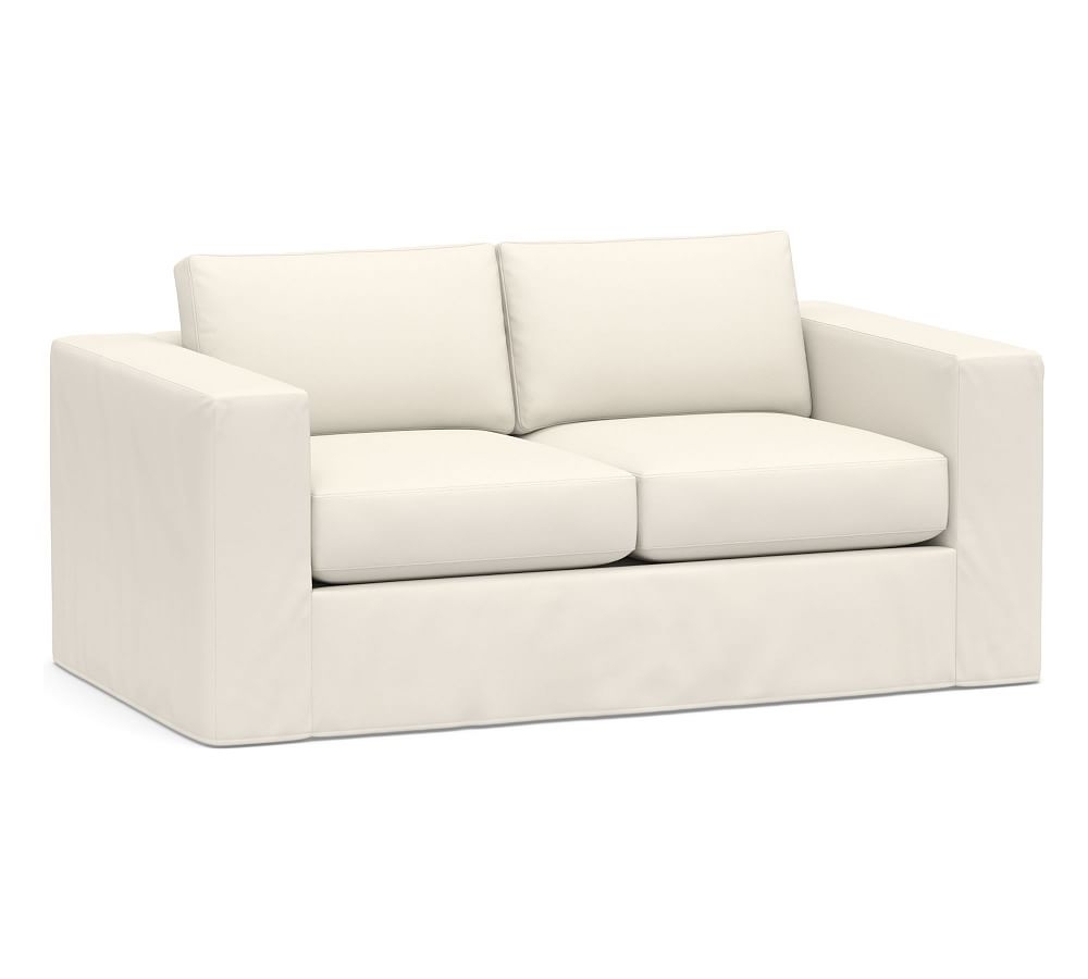 Carmel Square Arm Slipcovered Loveseat 74", Down Blend Wrapped Cushions, Performance Twill Warm White - Image 0
