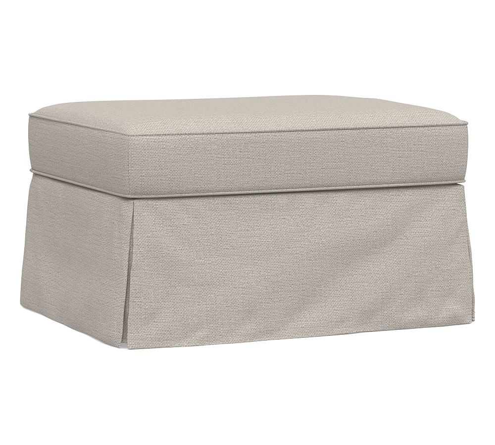 PB English Slipcovered Storage Ottoman, Polyester Wrapped Cushions, Chunky Basketweave Stone - Image 0
