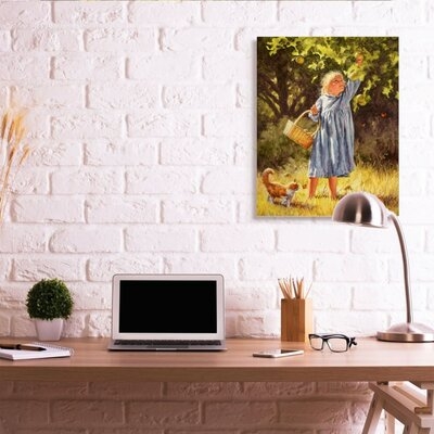 Country Girl Reaching for Apple with Cat by Jim Daly - Painting Print - Image 0