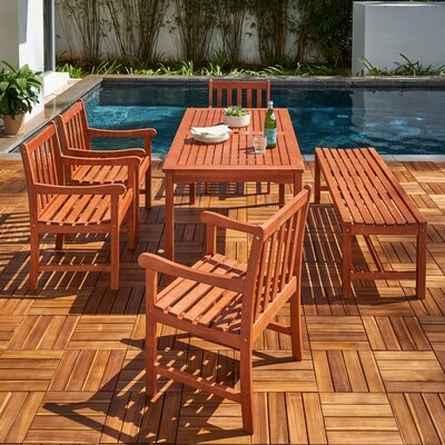 Canora Grey 23D8FD9796E64D4AA7E2E1BD69368C7A De La Mer 6-Piece Wood Patio Dining Set for 7 Seaters with 59" Table, 4 Armchairs, and 5-Foot Backless Bench, Coastal Style, Reddish Brown - Image 0