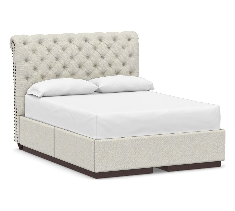 Chesterfield Tufted Upholstered Headboard and Side Storage Platform Bed, Queen, Performance Heathered Basketweave Dove - Image 0