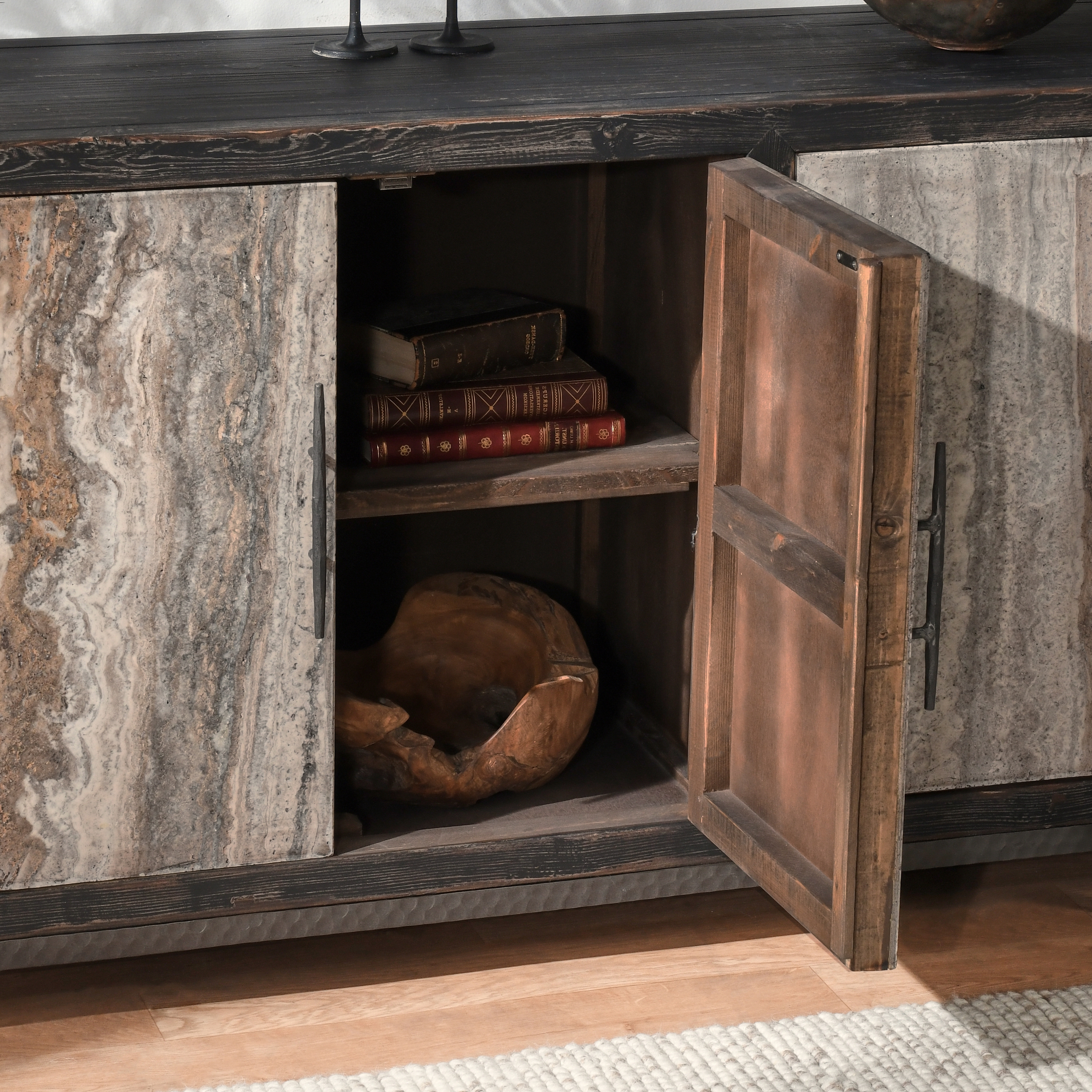 Lisbon Reclaimed Pine 6Dr Cabinet Weathered Black/Travertine - Image 10