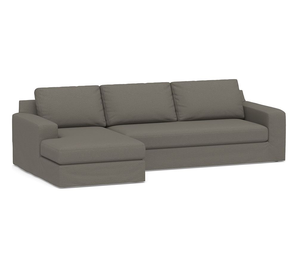 Big Sur Square Arm Slipcovered Right Arm Sofa with Chaise Sectional and Bench Cushion, Down Blend Wrapped Cushions, Chunky Basketweave Metal - Image 0