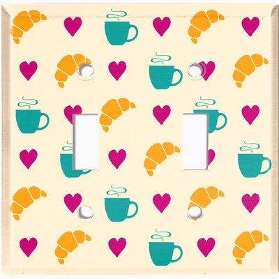 Metal Light Switch Plate Outlet Cover (Coffee Cups Croissant Heart Cream - Double Toggle) - Image 0