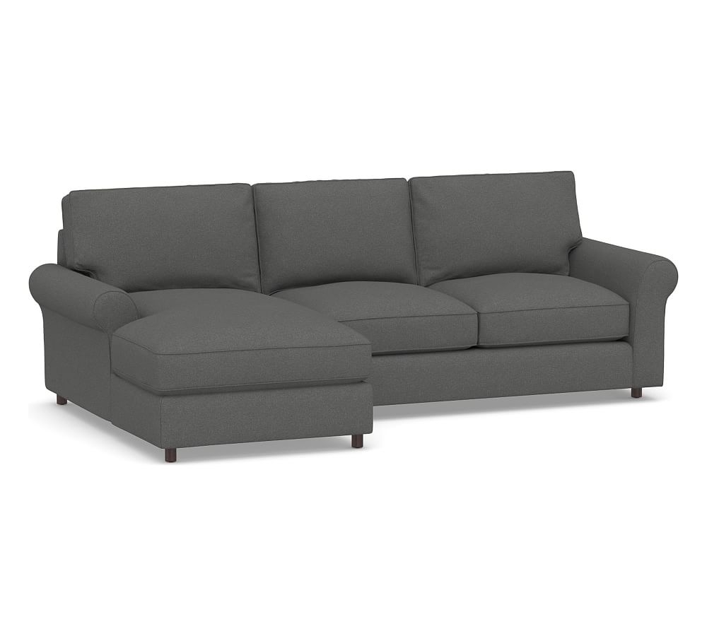 PB Comfort Roll Arm Upholstered Right Arm Loveseat with Chaise Sectional, Box Edge Down Blend Wrapped Cushions, Park Weave Charcoal - Image 0
