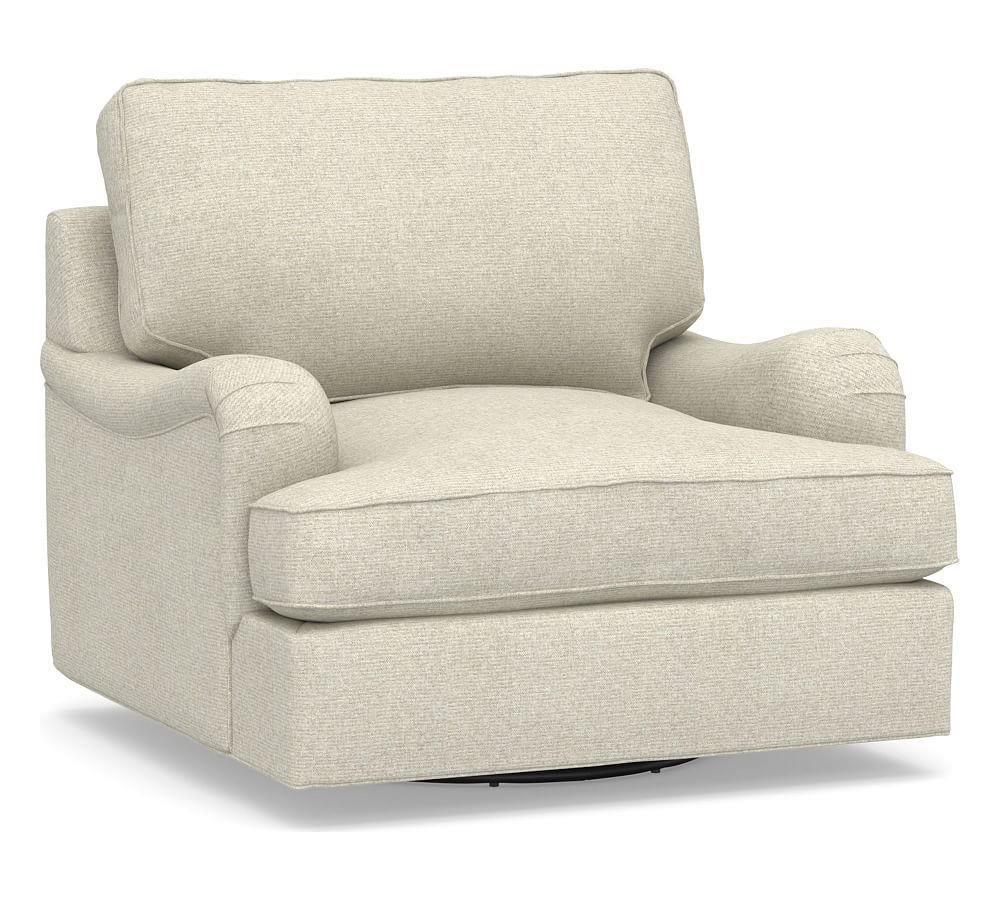 PB English Arm Upholstered Swivel Armchair, Down Blend Wrapped Cushions, Performance Heathered Basketweave Alabaster White - Image 0