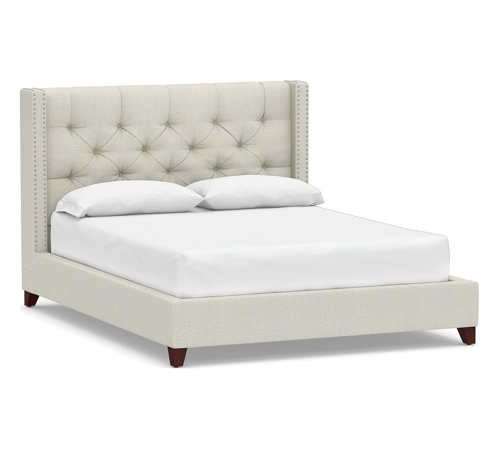 Harper Tufted Upholstered Low Bed with Pewter Nailheads, California King, Performance Heathered Basketweave Dove - Image 0