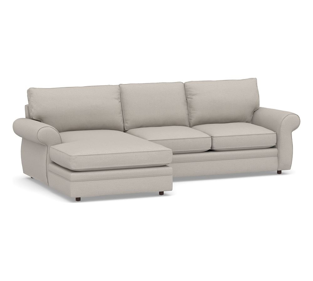 Pearce Roll Arm Upholstered Right Arm Loveseat with Double Wide Chaise Sectional, Down Blend Wrapped Cushions, Chunky Basketweave Stone - Image 0