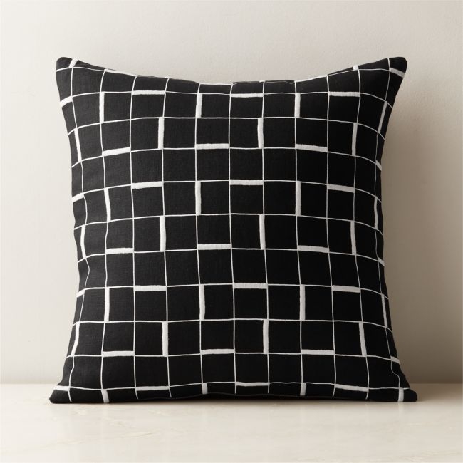 Symi Black and Warm White Embroidered Linen Throw Pillow with Down-Alternative Insert 20"x20" - Image 0