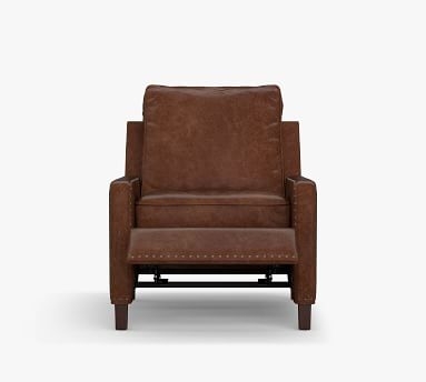 Tyler Curved Leather Recliner with Bronze Nailheads, Down Blend Wrapped Cushions, Burnished Bourbon - Image 1