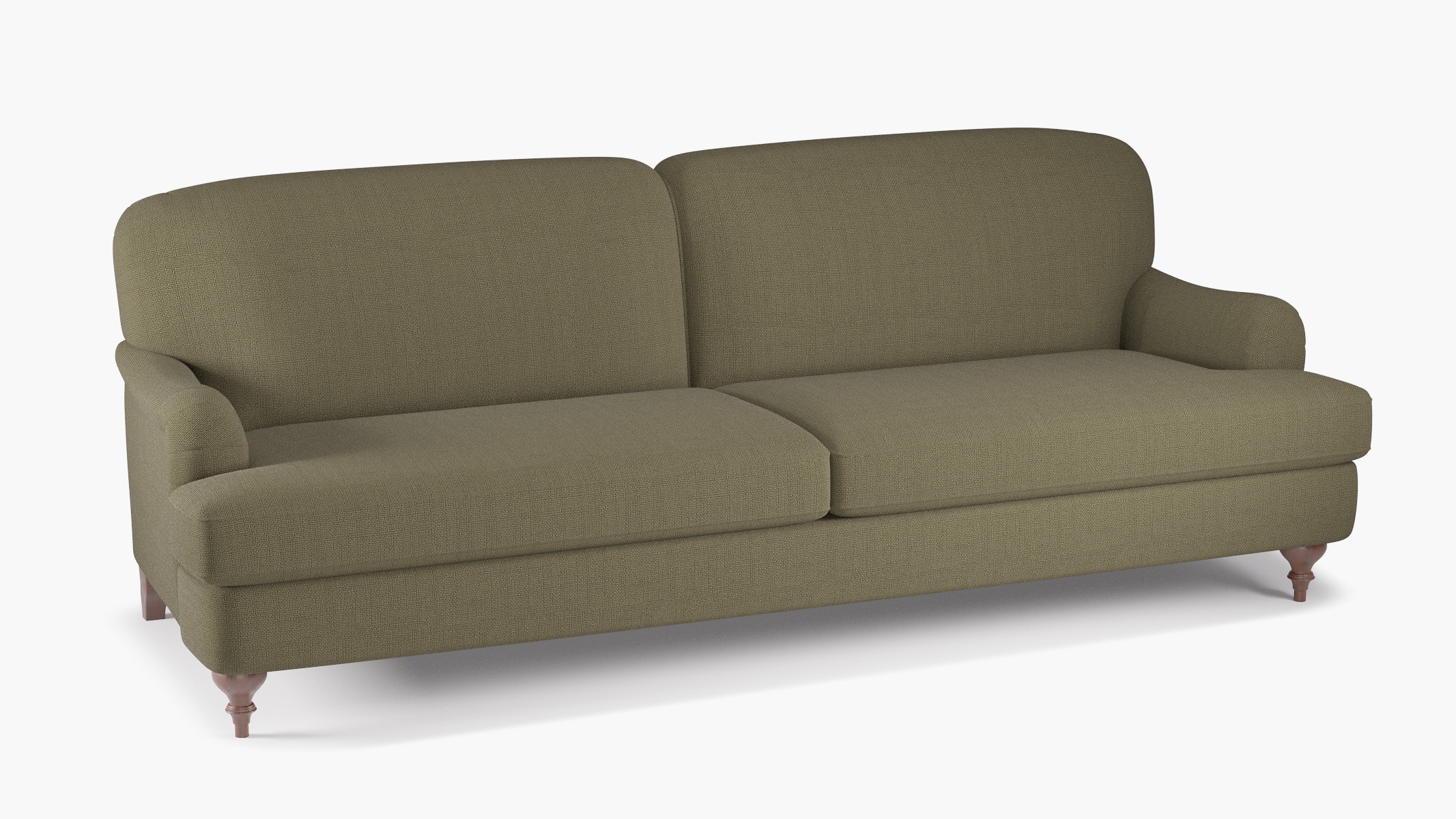 English Roll Arm Sofa, Olive Everyday Linen, Walnut Turned Wood Leg - Image 1