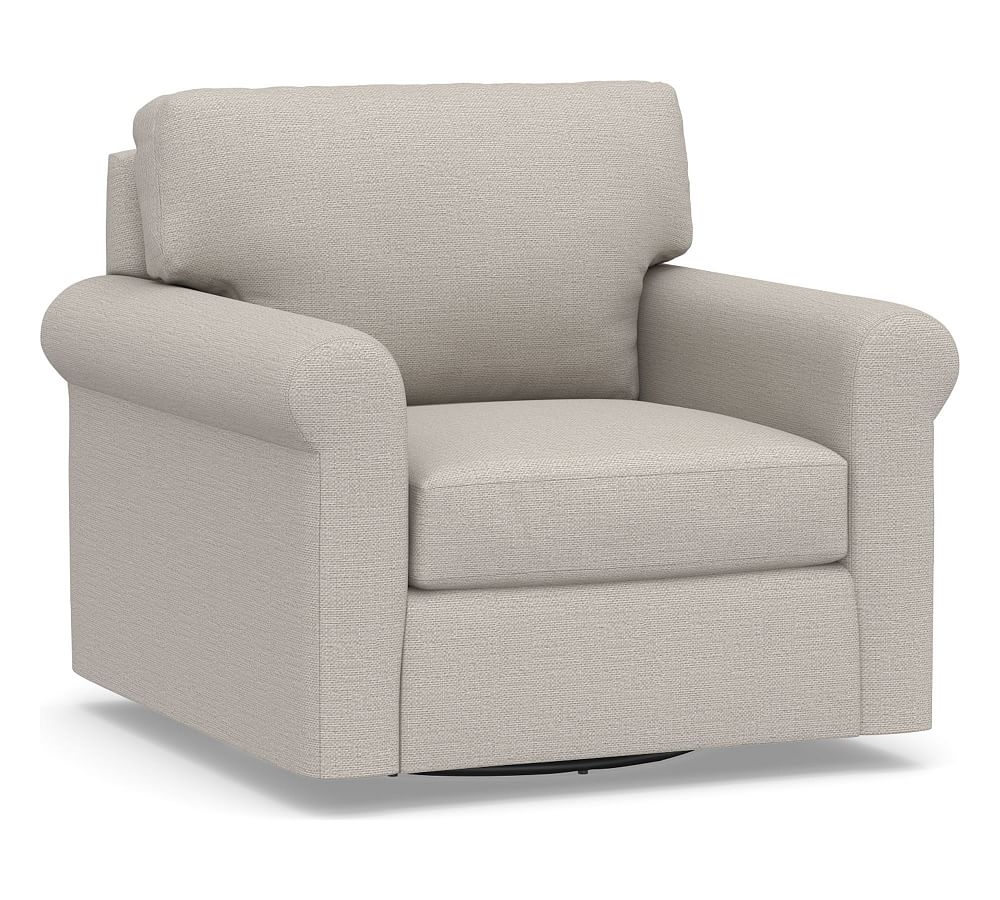 York Roll Arm Upholstered Swivel Armchair, Down Blend Wrapped Cushions, Chunky Basketweave Stone - Image 0