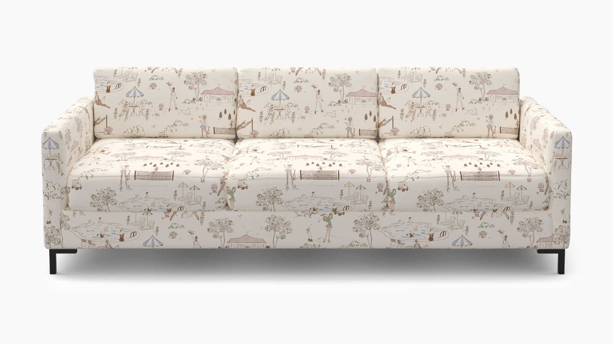 Modern Sofa, Multi Country Club Toile, Bronze L Leg - Image 0