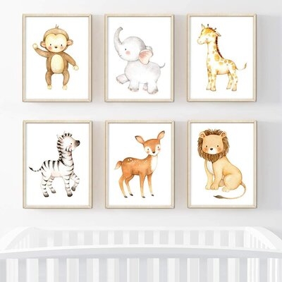 Dedakia Burlap, Lion, Zebra, Giraffe, Deer, Elephant, Monkey 6-Piece Set Paper Print - Image 0