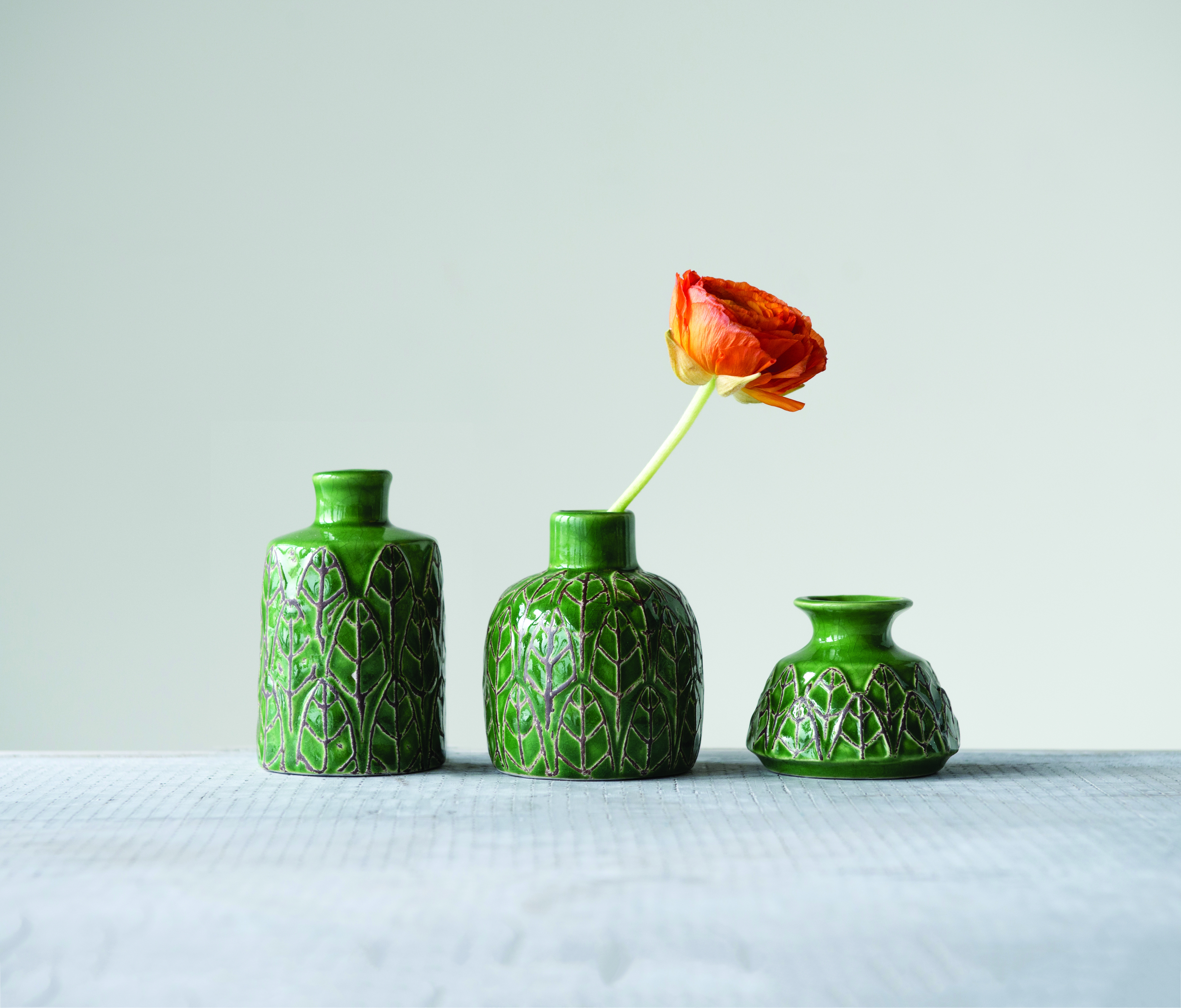Green Embossed Stoneware Vases (Set of 3 Sizes) - Image 0