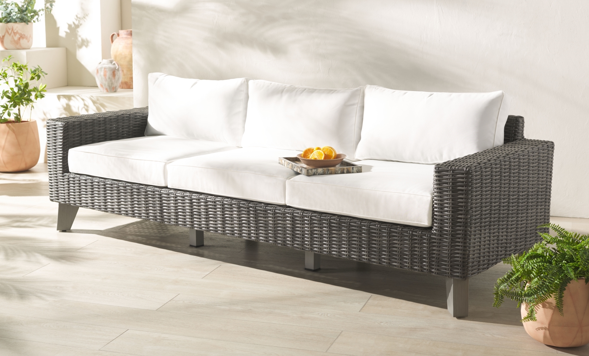 Margarita Wicker Patio Sofa - Dark Grey/White - Image 1