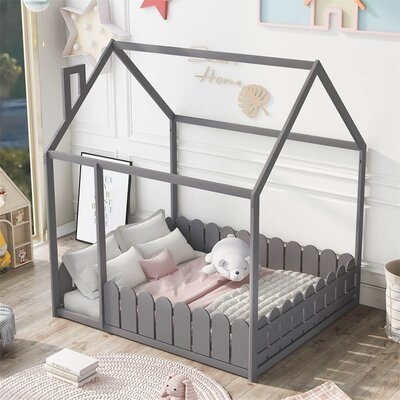 78''Twin Size Platform Bed House Bed Frame With Fence - Image 0
