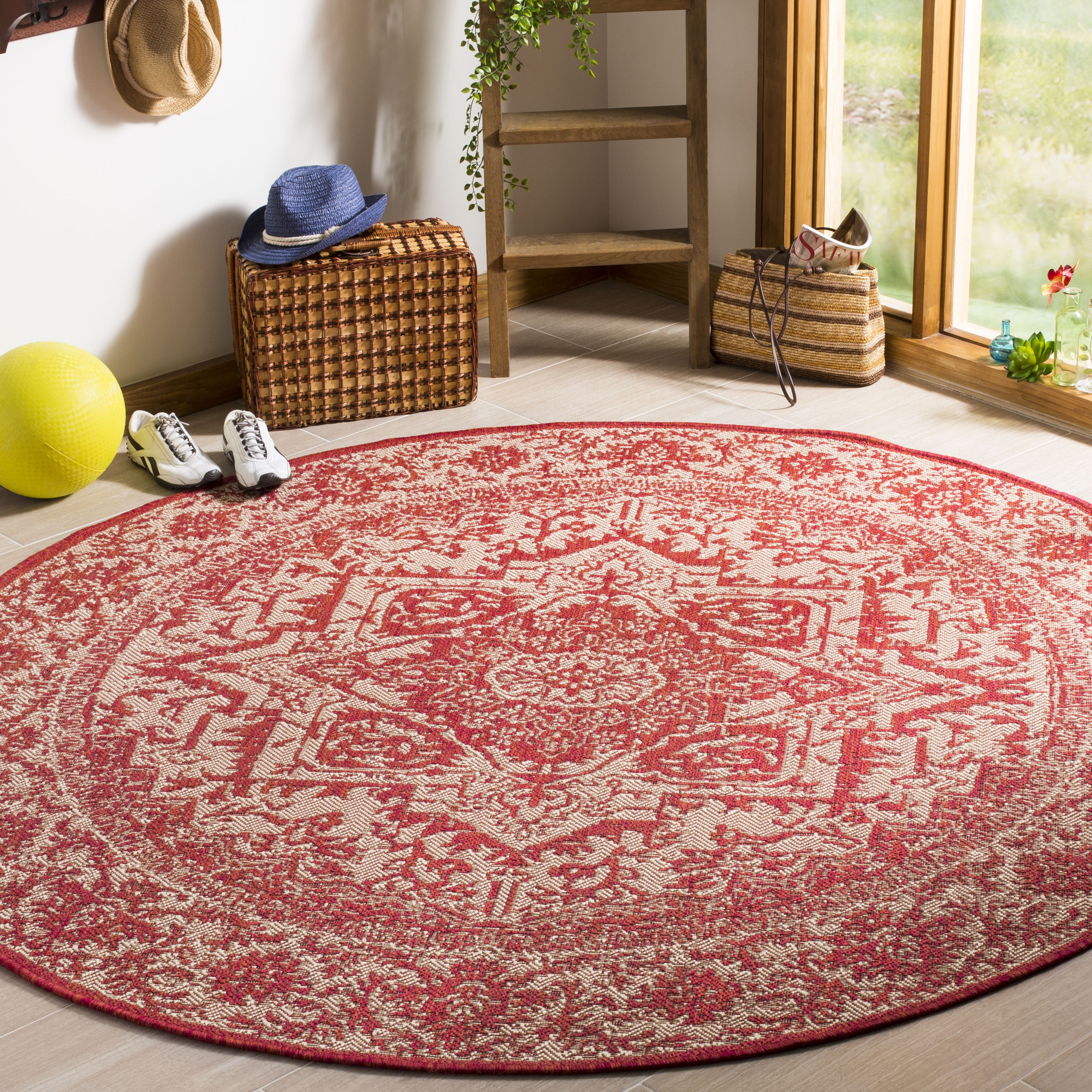 Arlo Home Indoor/Outdoor Woven Area Rug, LND139Q, Red/Cream,  6' 7" X 6' 7" Round - Image 1