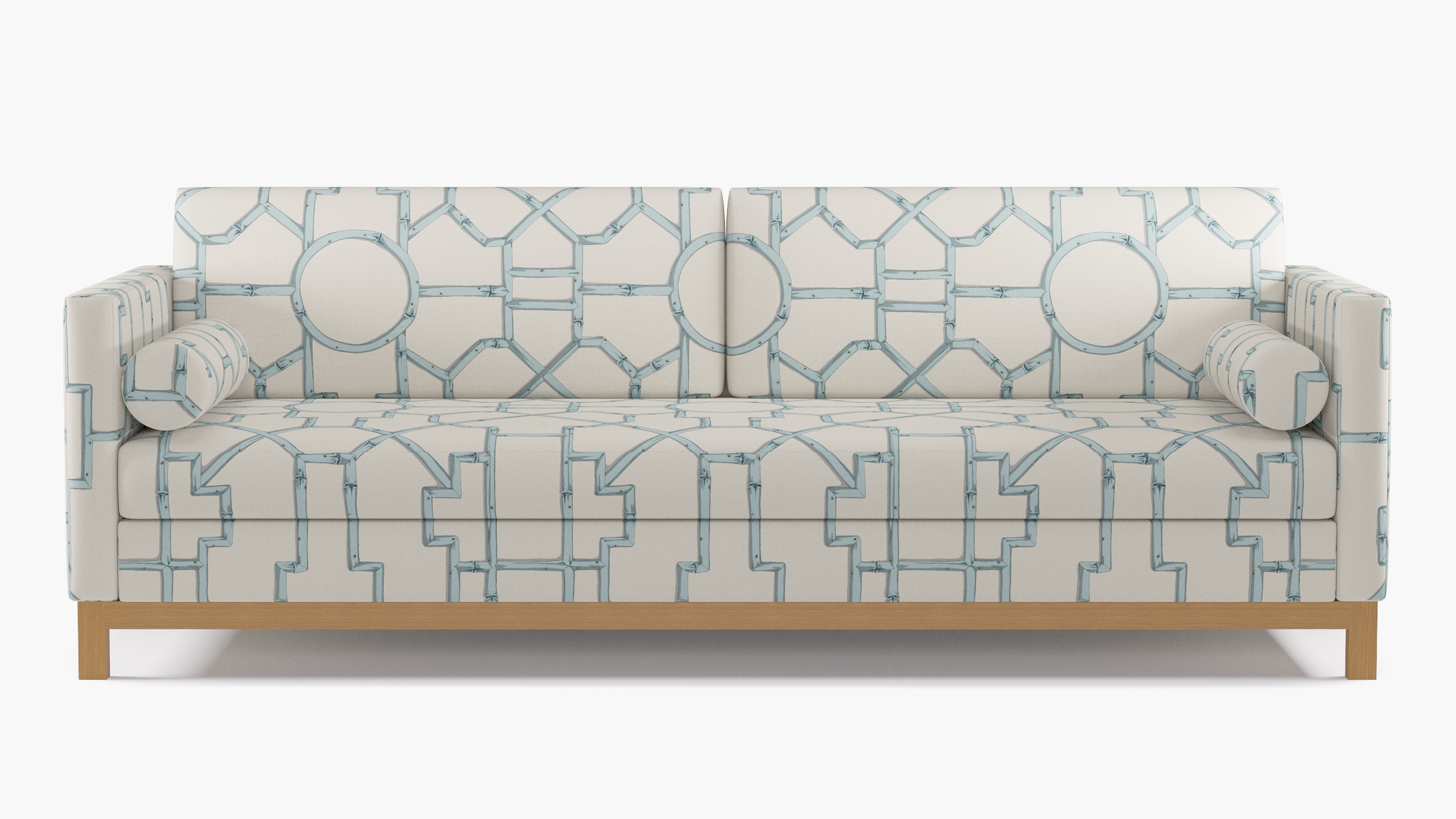 Tailored Tuxedo Sofa, Blue Baldwin Bamboo, Natural Wood Rail - Image 0