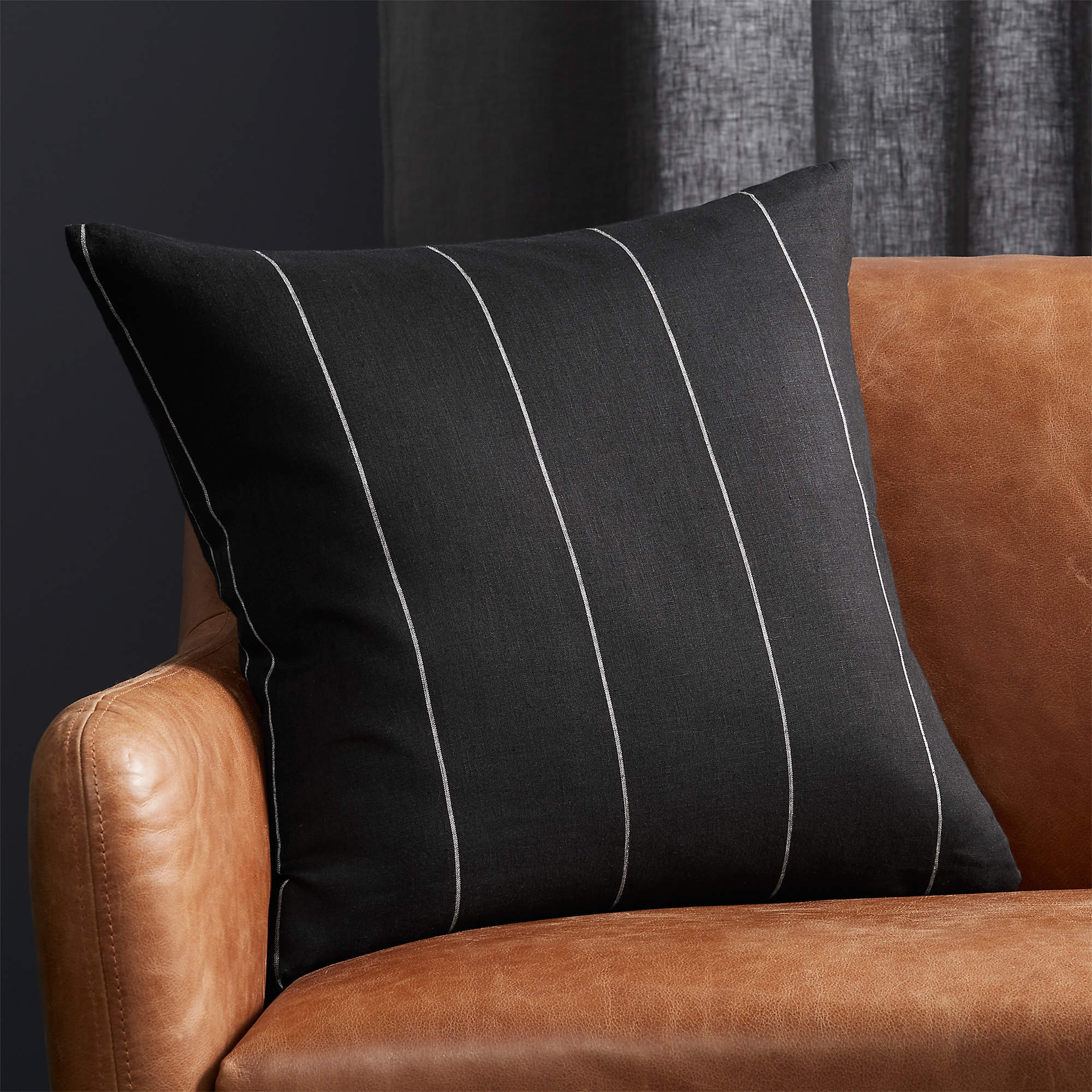 Pinstripe Linen Pillow with Down-Alternative Insert, Black, 20" x 20" - Image 1