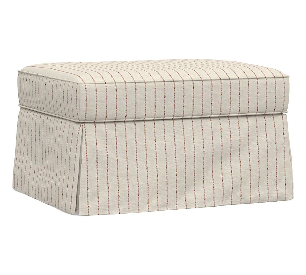 PB English Slipcovered Storage Ottoman, Polyester Wrapped Cushions, Slubby Pinstripe Red - Image 0