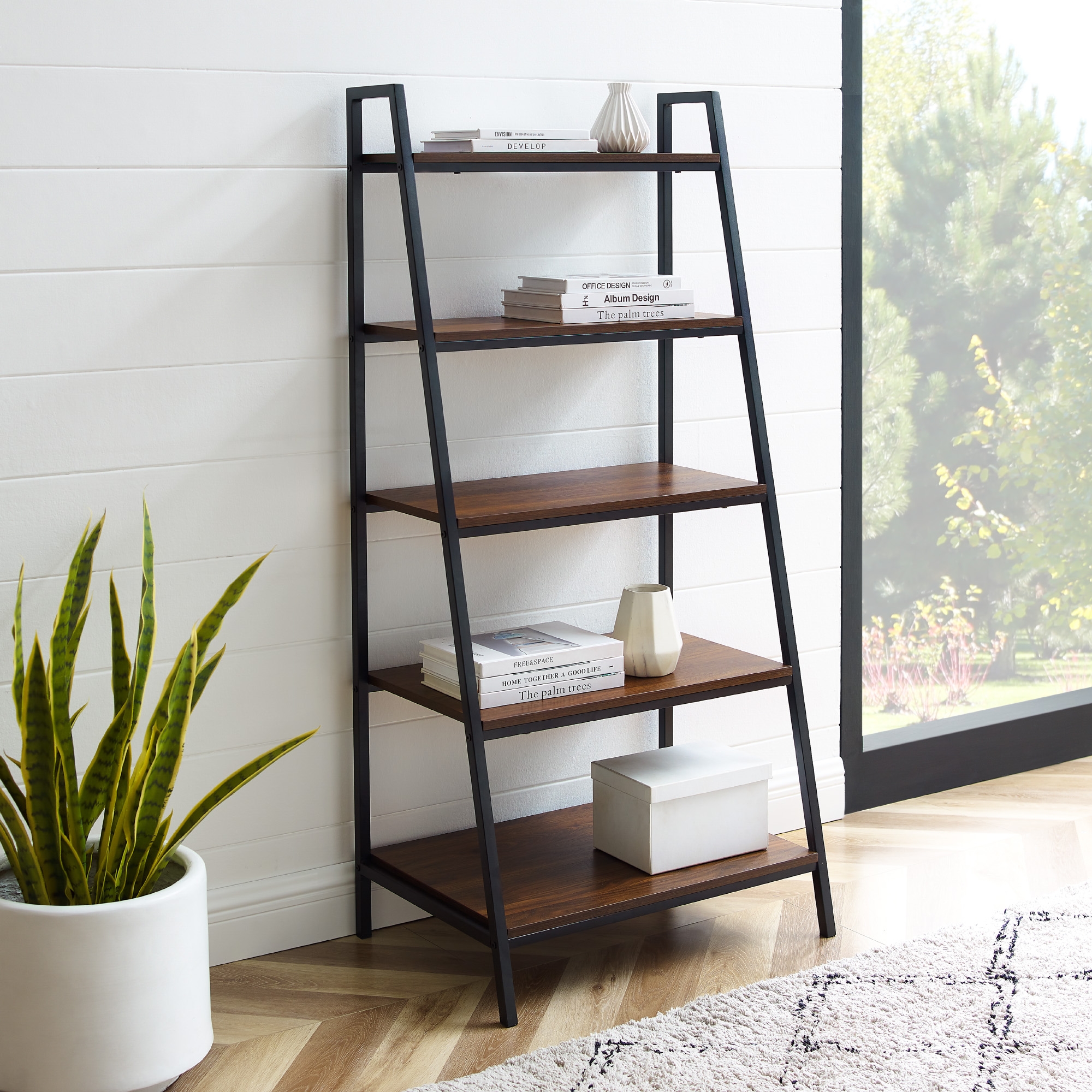 Contemporary Ladder Bookshelf, Dark Walnut - Image 4