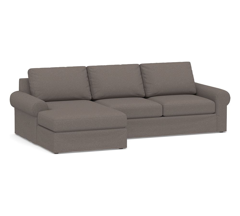 Big Sur Roll Arm Slipcovered Right Arm Loveseat with Chaise Sectional, Down Blend Wrapped Cushions, Performance Brushed Basketweave Charcoal - Image 0