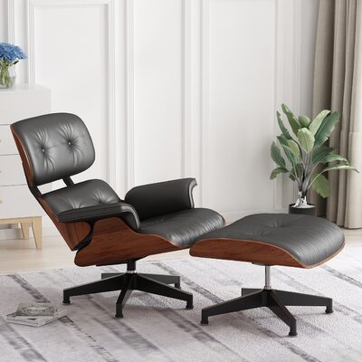 Larochelle 55" W Tufted Genuine Leather Nubuck Swivel Lounge Chair and Ottoman - Image 0