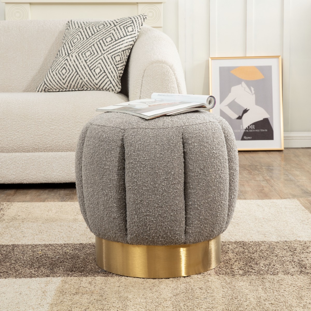 Maxine Channel Tufted Boucle Ottoman - Light Grey/Gold - Image 1