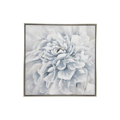 39.5" Large Square Blue & White Peony Flower Acrylic Painting In Silver Frame - Floater Frame Painting on Canvas - Image 0