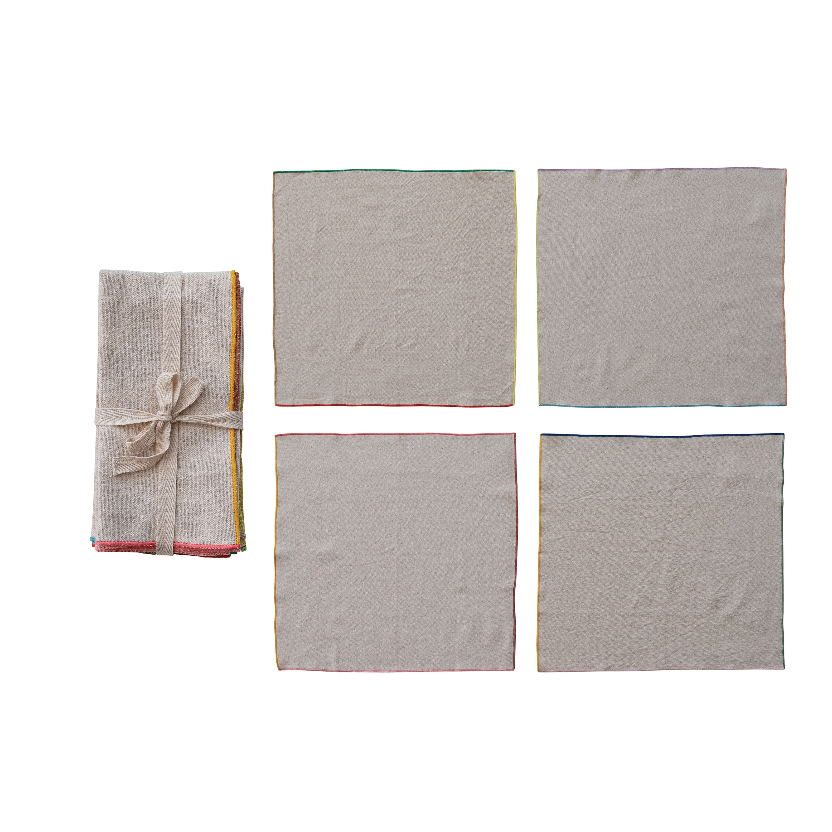 4-Piece Square Woven Cotton Cocktail Napkins with Stitched Colored Trim, Multicolor - Image 0