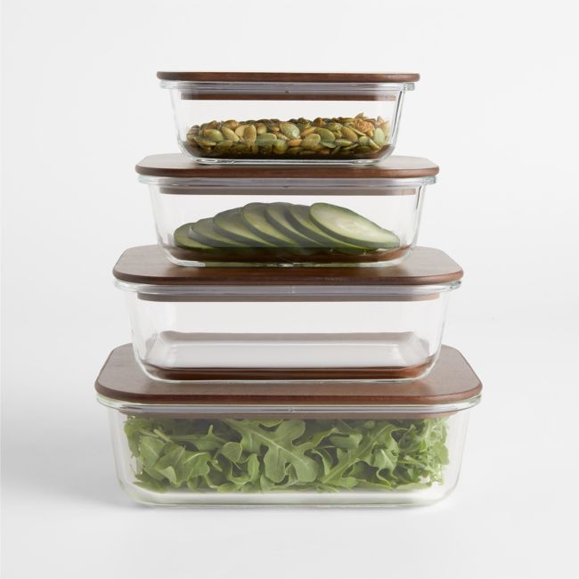 Crate & Barrel 8-Piece Rectangular Glass Food Storage Container Set with Dark Acacia Wood Lids - Image 0