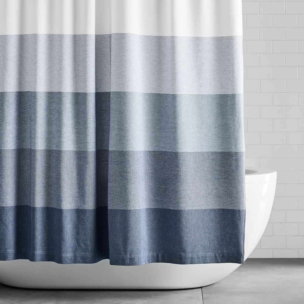Organic Dobby Ombre Stripe Shower Curtain + Liner, Indigo, 72"x74" - Image 0