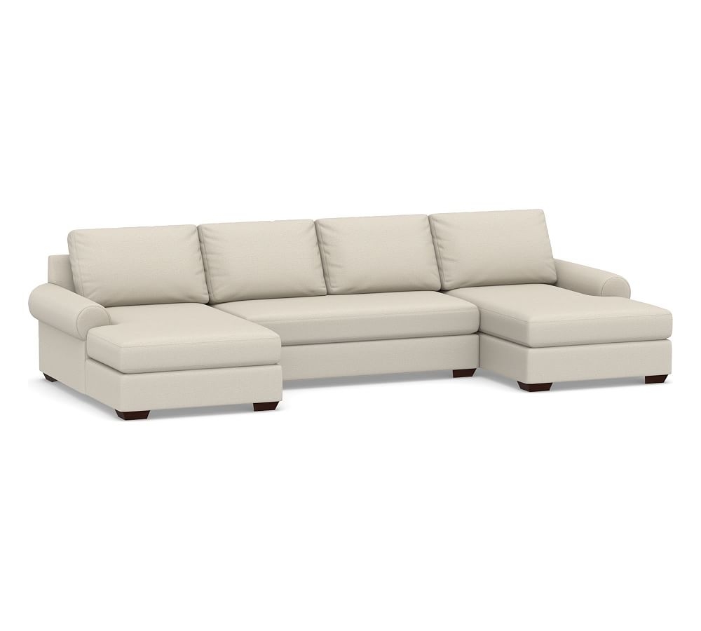 Big Sur Roll Arm Upholstered U-Chaise Loveseat Sectional with Bench Cushion, Down Blend Wrapped Cushions, Sunbrella(R) Performance Slub Tweed Pebble - Image 0