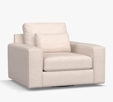 Big Sur Square Arm Upholstered Deep Seat Swivel Armchair, Down Blend Wrapped Cushions, Chenille Basketweave Pebble - Image 1