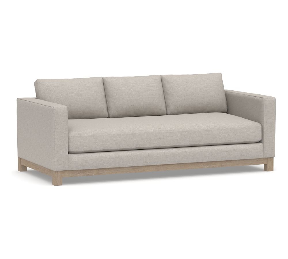 Jake Upholstered Sofa 85" with Wood Legs, Polyester Wrapped Cushions, Chunky Basketweave Stone - Image 0